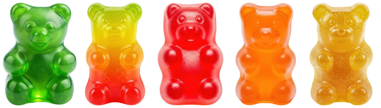 collection of colorful gummy bears in various vibrant hues including green, yellow, red, and orange, on a transparent background.