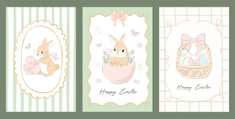 Retro Easter vertical banners with cute rabbits, decorated eggs and a basket of eggs. Vintage hand-drawn pastel design with spring flowers, bows and ribbons. Perfect for greeting cards, posters, stori
