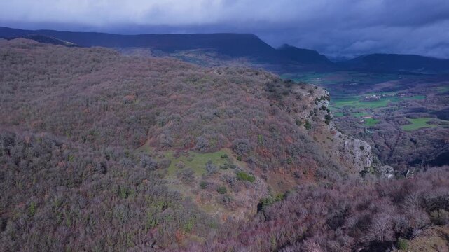 Aerial view from a drone of the Artazul Waterfall in Aizp&uacute;n in the Ollo Valley. Navarre, Spain. Europe