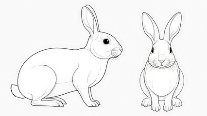 Fototapeta premium Two adorable rabbits isolated on white background in dotted line art style