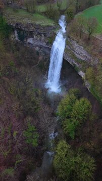 Aerial view from a drone of the Artazul Waterfall in Aizp&uacute;n in the Ollo Valley. Navarre, Spain. Europe
