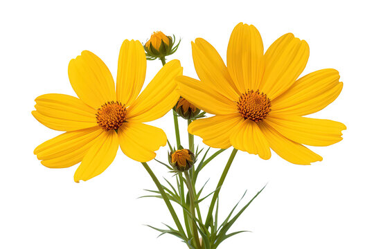 Yellow sulfur cosmos flowers blooming with green stems and buds, summer garden plant on a transparent background