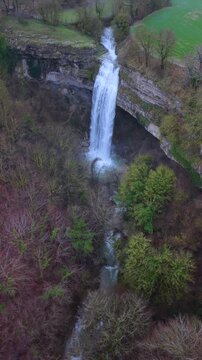 Aerial view from a drone of the Artazul Waterfall in Aizp&uacute;n in the Ollo Valley. Navarre, Spain. Europe
