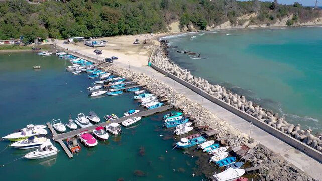 Byala town port and beach on the Black Sea shore in Bulgaria, 4k video