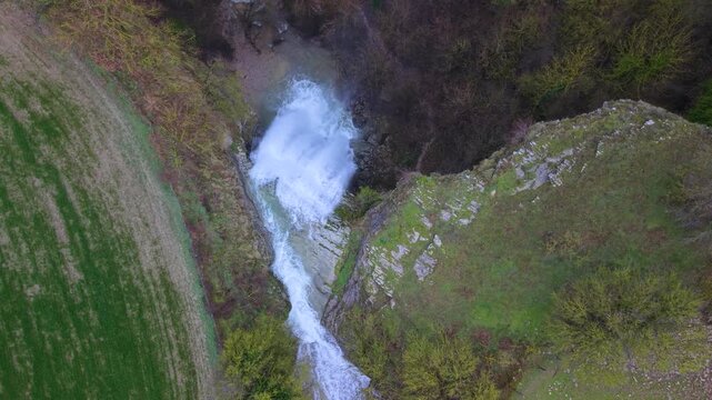 Aerial view from a drone of the Artazul Waterfall in Aizp&uacute;n in the Ollo Valley. Navarre, Spain. Europe