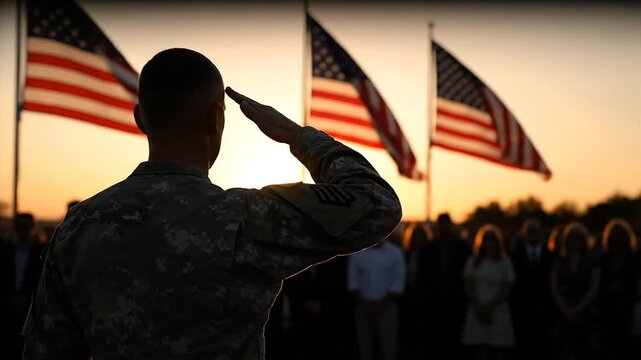 Soldier salutes american flags at sunset silhouette honoring military service
