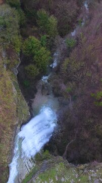 Aerial view from a drone of the Artazul Waterfall in Aizp&uacute;n in the Ollo Valley. Navarre, Spain. Europe