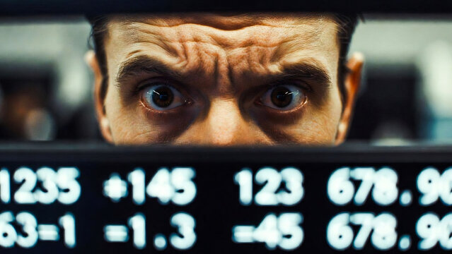 A man stares intensely at a flashing stock ticker display, exhibiting fear and anxiety.