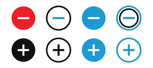Set of flat  plus sign and minus sign icons, buttons isolated on a white background. vector illustration