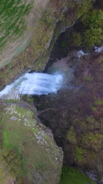 Aerial view from a drone of the Artazul Waterfall in Aizp&uacute;n in the Ollo Valley. Navarre, Spain. Europe