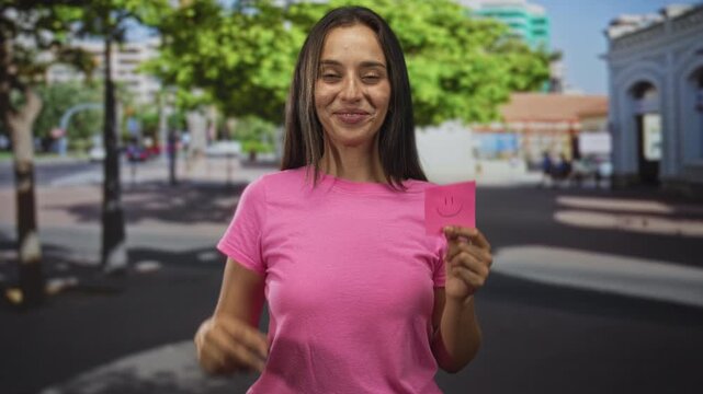 Young hispanic woman holding a pink sticky note with a drawn smiley and making an ok sign with her hand on a busy city street; happiness optimism.