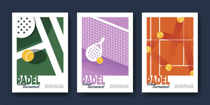 Padel tournament posters. Set of vector illustrations with court, rackets and ball, modern sport match flat banner design. Paddle tennis event flyers and competition templates