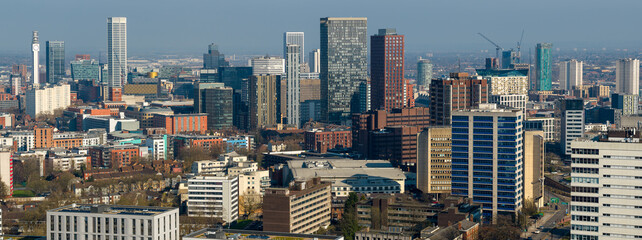Aerial panoramic view of Birmingham city centre skyscrapers and modern skyline. © bardhok
