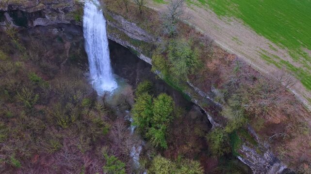Aerial view from a drone of the Artazul Waterfall in Aizp&uacute;n in the Ollo Valley. Navarre, Spain. Europe