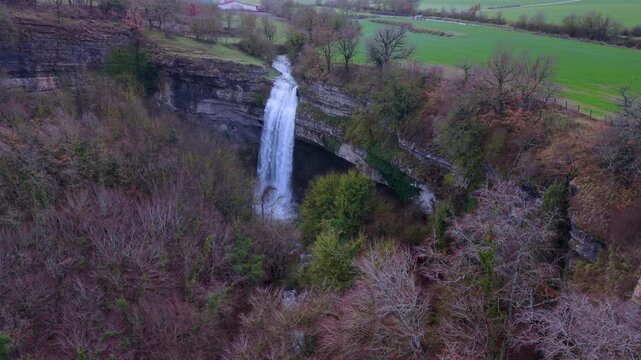 Aerial view from a drone of the Artazul Waterfall in Aizp&uacute;n in the Ollo Valley. Navarre, Spain. Europe