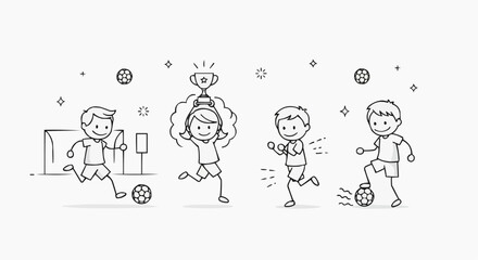A vector illustration of children playing soccer with a trophy