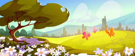 Fototapeta na wymiar Spring green grass meadow landscape with blooming flowers, forest hills, and flying butterflies, cartoon vector background. Mountains valley with daisies, blue sky, fluffy clouds and golden sunlight