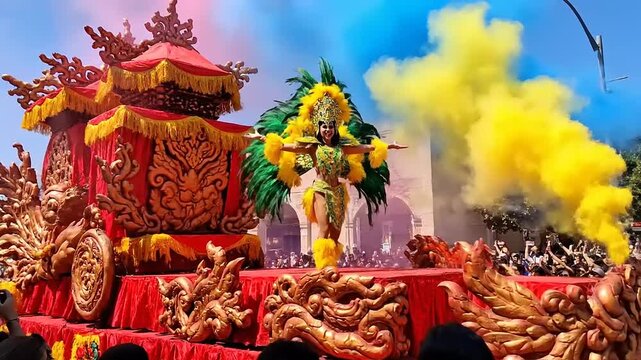 Vibrant Chinese Parade Float with Dragon Dance.