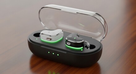 Modern Wireless Earbuds with Charging Case and Green LED Lights.