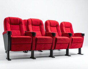 Fototapeta premium Four plush, red theater seats with cupholders, arranged in a row against a white backdrop