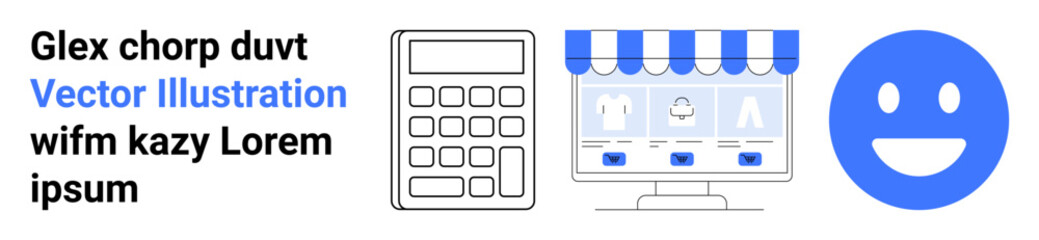 Obraz premium Digital marketing, online business, shopping, customer experience, financial tools, user satisfaction. Calculator, online storefront and happy face icon. E-commerce and digital marketing