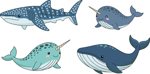Cute Whale and Narwhal Cartoon Marine Animal Collection Vector Illustration Set for Ocean Wildlife Kids Education Sea Life and Aquarium Design © MstRoysha