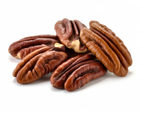 Piled pecan nuts on white background