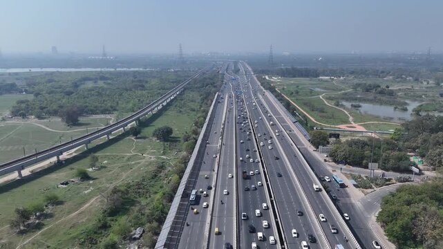 Aerial drone view of NH 24 highway in Delhi India