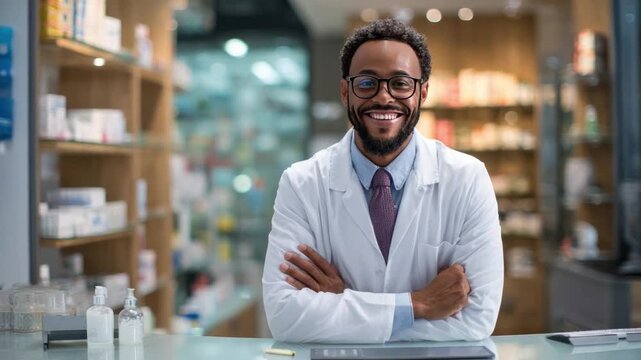 The pharmacist's smile: a portrait of a smiling pharmacist with crossed arms at the pharmacy, conveying expertise, trust and care.