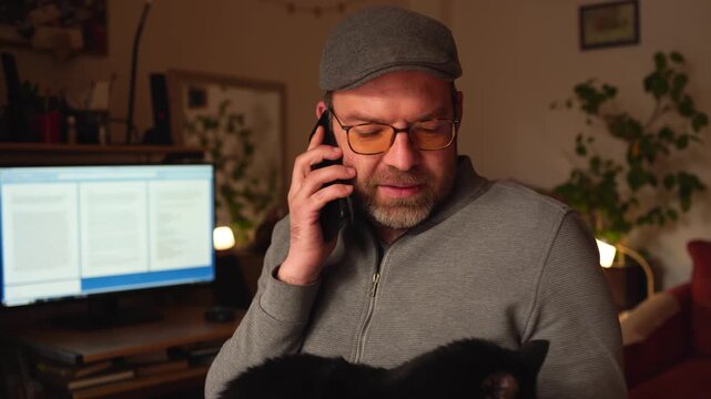 A man talking on a mobile phone in the office and holding a pet cat