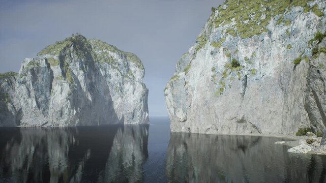 close limestone faces and reflective shoreline, intimate study of rock texture, ledge vegetation and subtle tidal pool reflections environmental storyteller