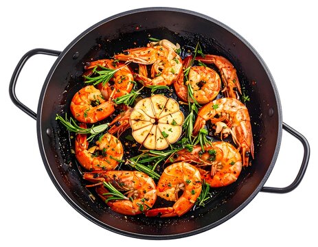 Succulent shrimp rings surround a roasted garlic head, garnished with fresh rosemary in a black pan