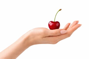 Studio photo of a single glossy red cherry with a long stem resting on the back of an open hand