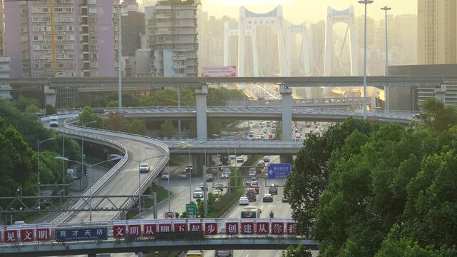 Chongqing Multi-Level Highway Bridge Aerial View with City Skyline