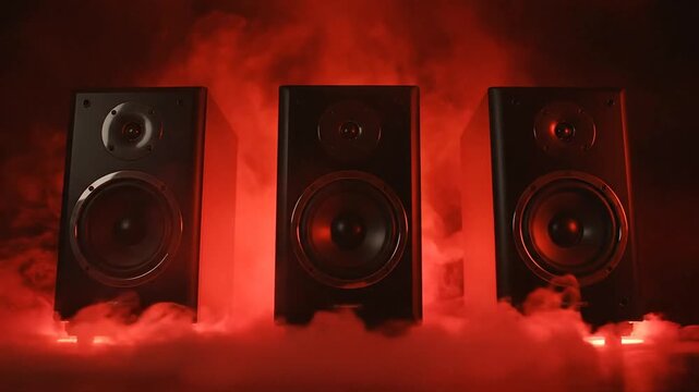 Three speakers silhouetted with red lights and smoke dramatic atmospheric scene