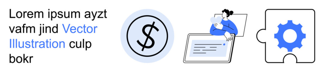 Obraz premium Financial planning, online services, problem solving, strategic management, collaboration tools, and decision making. A dollar sign, a person reviewing documents and a gear puzzle piece. Financial