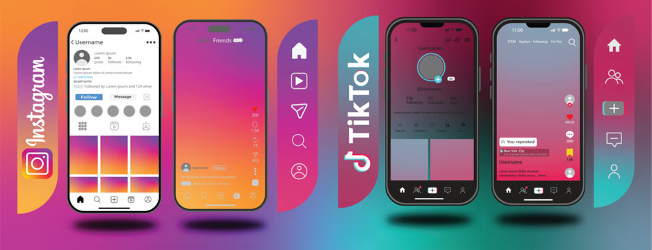 Instagram WhatsApp TikTok 2026 UI Set with Post Reels. Media Share Panels, Mobile Smartphone Display, Interactive Social Media UI Layout. Instagram Tik tok social network app UI interface mockup desig