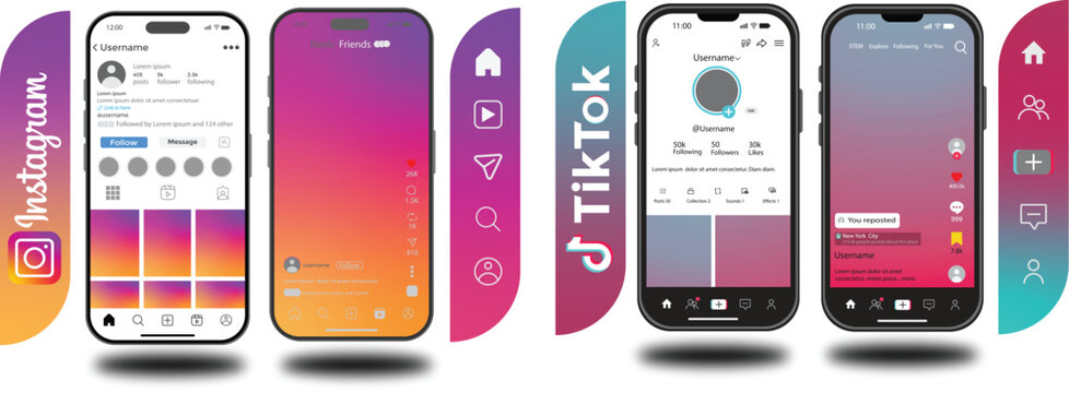 Instagram WhatsApp TikTok 2026 UI Set with Post Reels. Media Share Panels, Mobile Smartphone Display, Interactive Social Media UI Layout. Instagram Tik tok social network app UI interface mockup desig