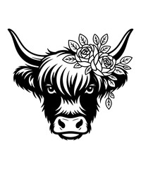 Fototapeta premium Highland Cow with Floral Crown in Bold Line Art Illustration