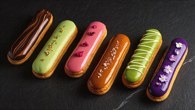 Artisan french eclairs colorful glazed pastry collection dark slate