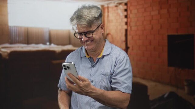 Senior man tapping smartphone with bare hands, smiling and looking at screen in a brick building interior with stacked furniture visible; contentment.