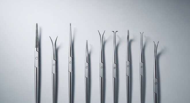 Collection of Surgical Instruments Lined Up for Medical Procedures.
