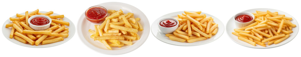 delicious golden french fries served with classic red ketchup in small white bowls on plates, a tempting fast-food photograph.