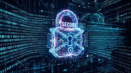Futuristic Cybersecurity Concept with Digital Padlock and Encrypted Binary Data Background