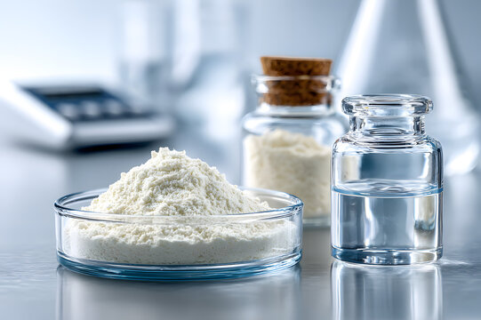 White powder in petri dish and beaker in laboratory setting with microscope and digital scale beside