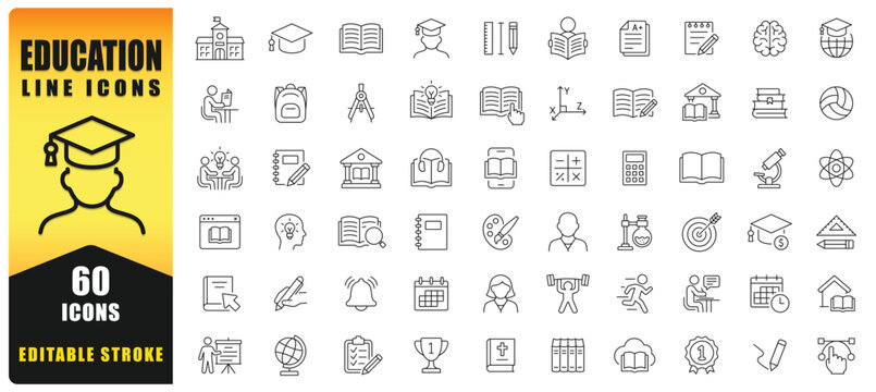 Education Line Icon Set Featuring Editable Stroke Vector Symbols. Includes School, Learning, Study, Books, Graduation, Science, And Academic Elements. Ideal For Education Apps, Websites, Courses