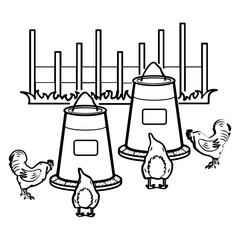 farm chickens at feeders concept, poultry feeding station vector icon design, Rural Chicken Coop Scene stock illustration © shmai