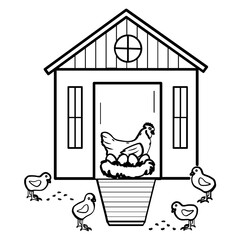 hen nesting in chicken house concept, farm chicken house with eggs vector icon design, hen protecting eggs in coop scene stock illustration © shmai