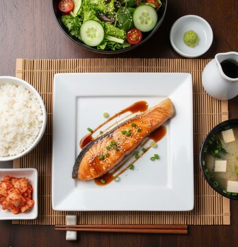 A Japanese meal set featuring grilled salmon with sauce, served with rice, miso soup, salad, kimchi, and condiments on a wooden table for a clean, appetizing presentation