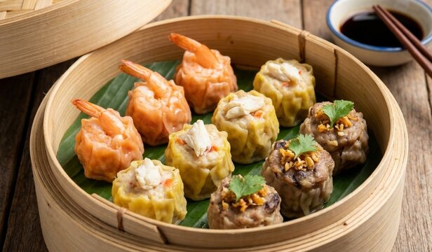  bamboo steamer filled with assorted dumplings in vibrant colors, topped with shrimp, crab meat, nuts, and herbs, creating a flavorful and visually appealing dim sum presentation